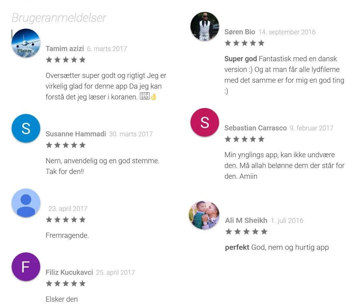 Brugeranmeldelser på Google Play fra Tamim azizi, Susanne Hammadi, Søren Bio, Sebastian Carrasco og Ali M Sheikh, alle med fem stjerner