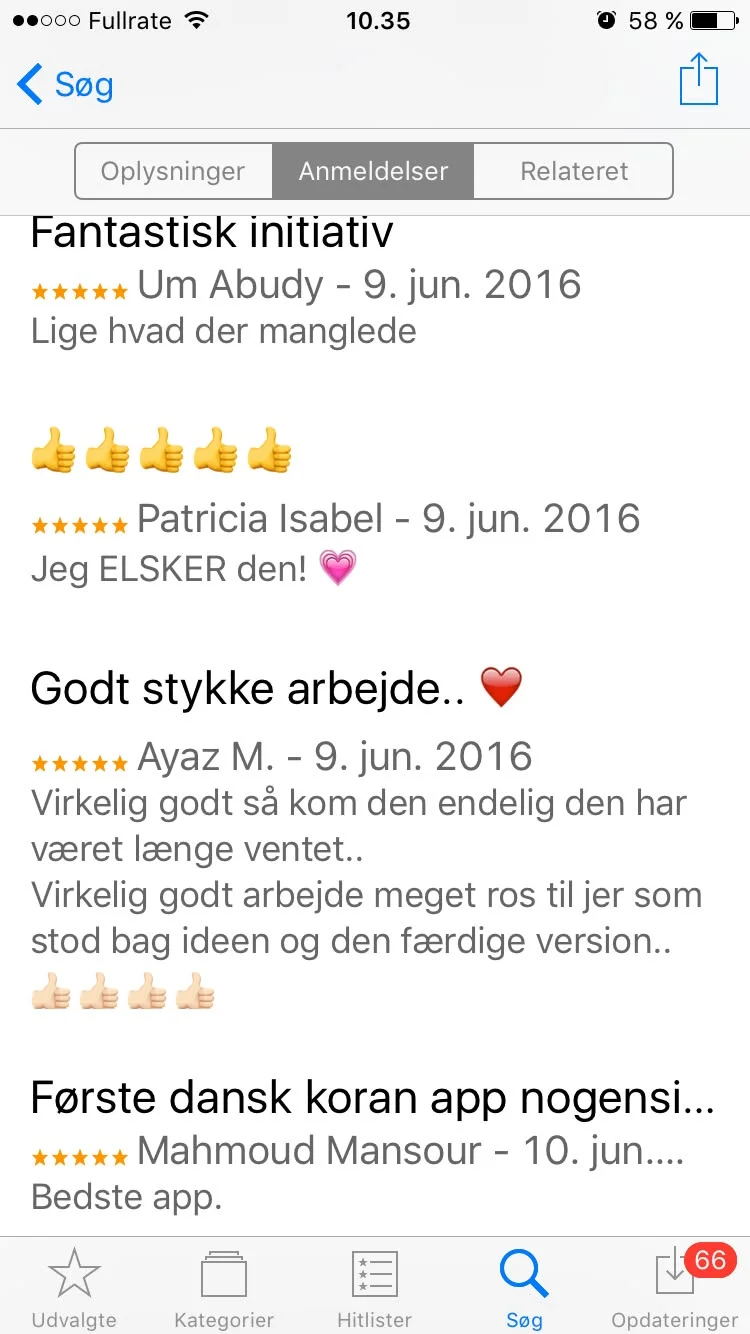 App Store-anmeldelser: „Fantastisk initiativ” af Um Abudy og „Godt stykke arbejde” af Ayaz M., begge med fem stjerner